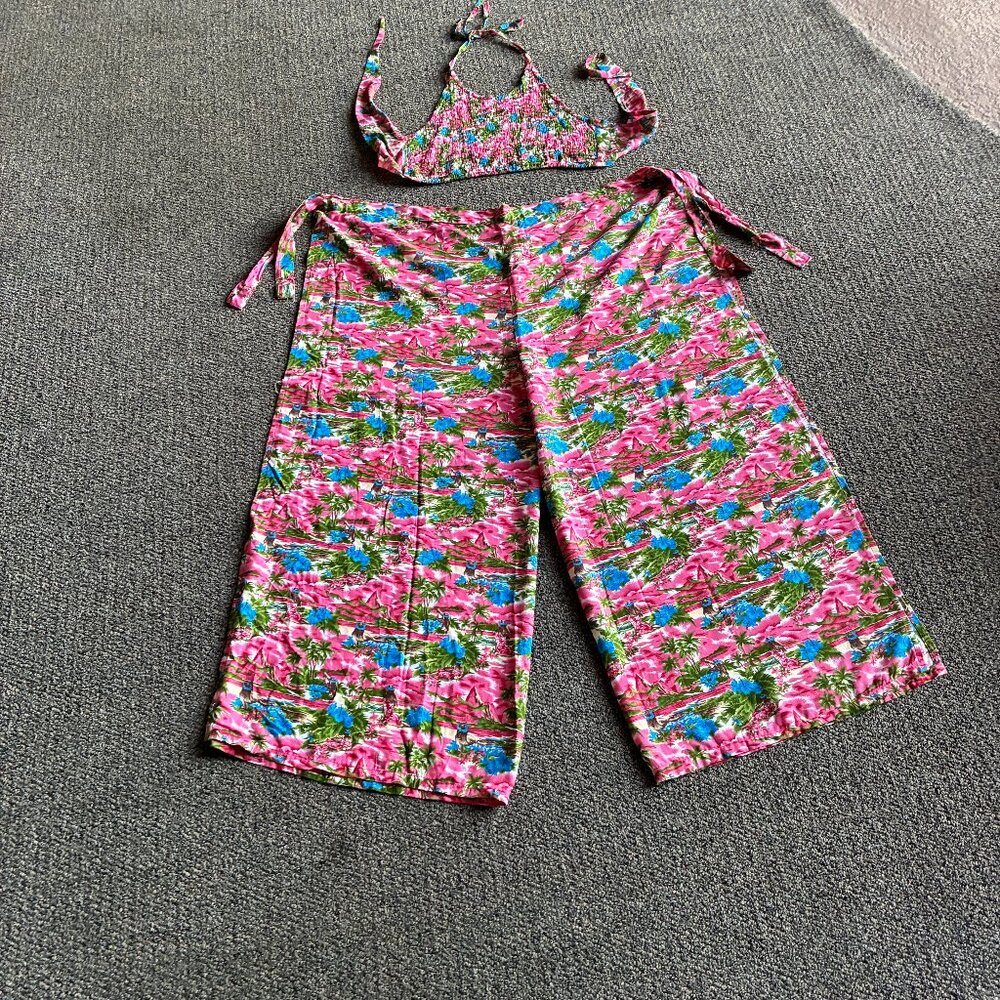Rayon pink  blue floral print palazzo wide-leg pants w matching halter crop top